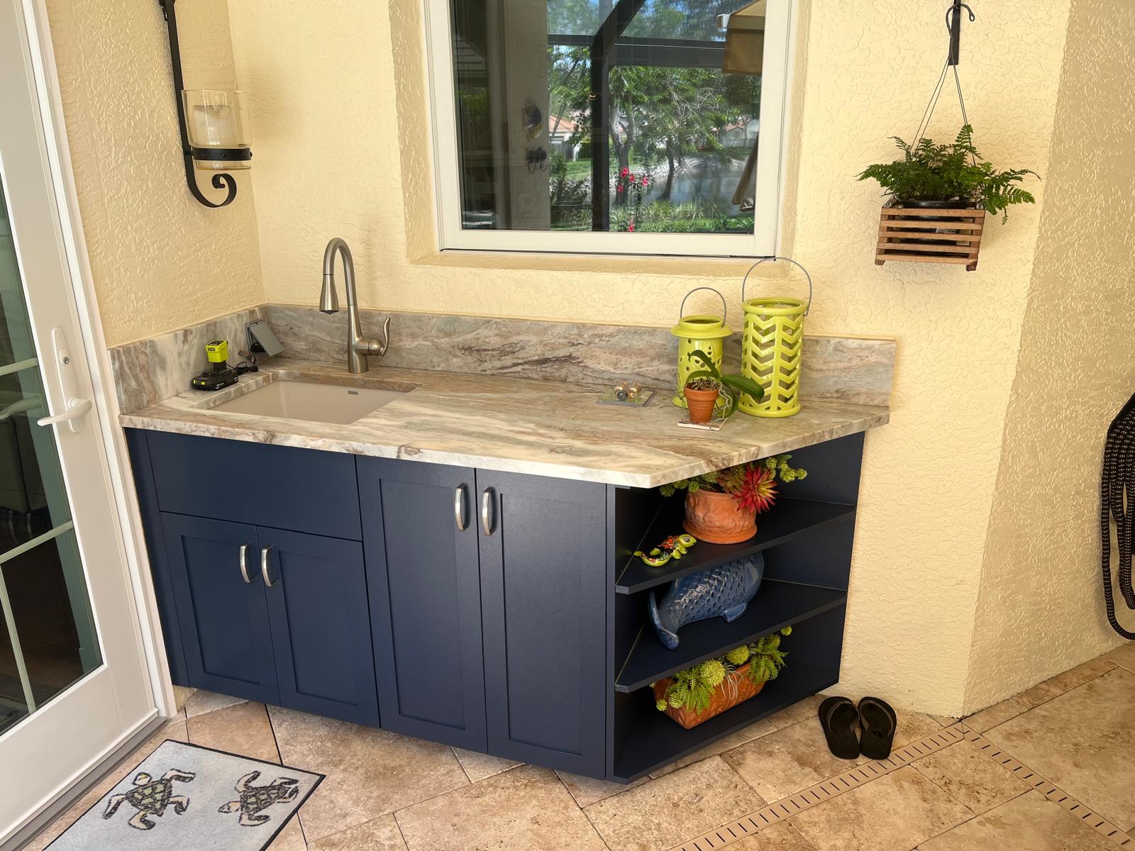 Indigo Blue outdoor kitchen with Shaker door style