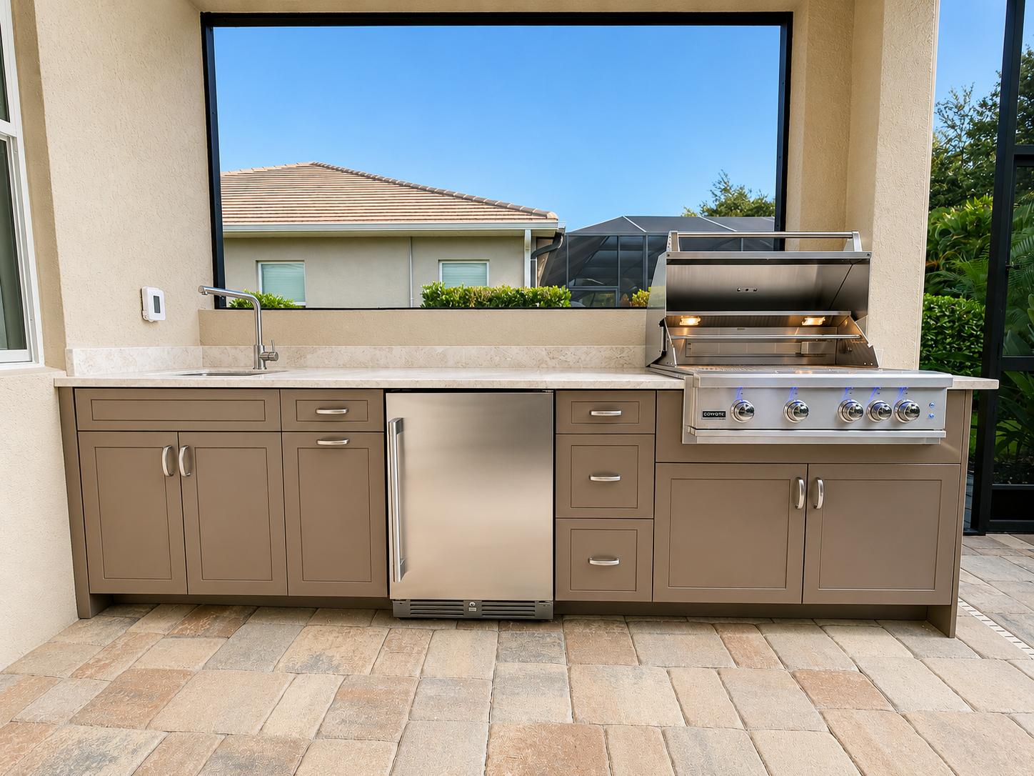 Nutmeg outdoor kitchen with Captiva door style, front view