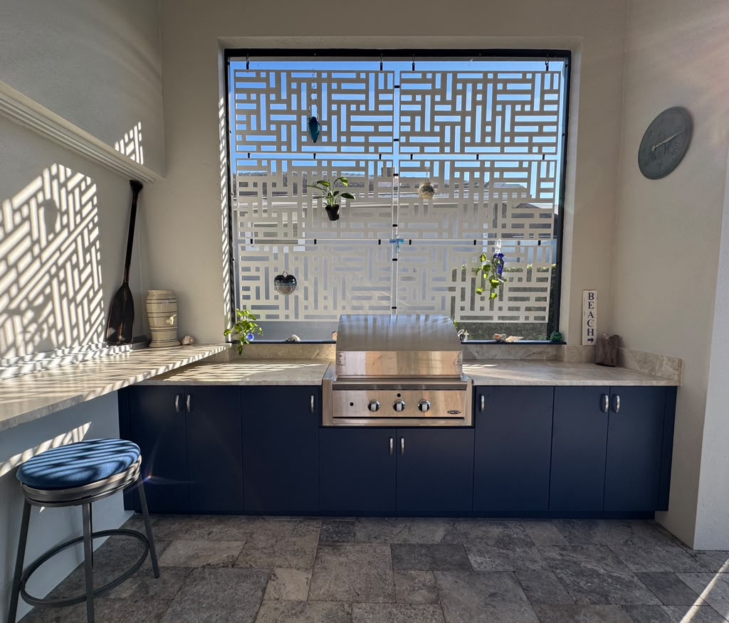 Navy line built-in grill station with bar seating